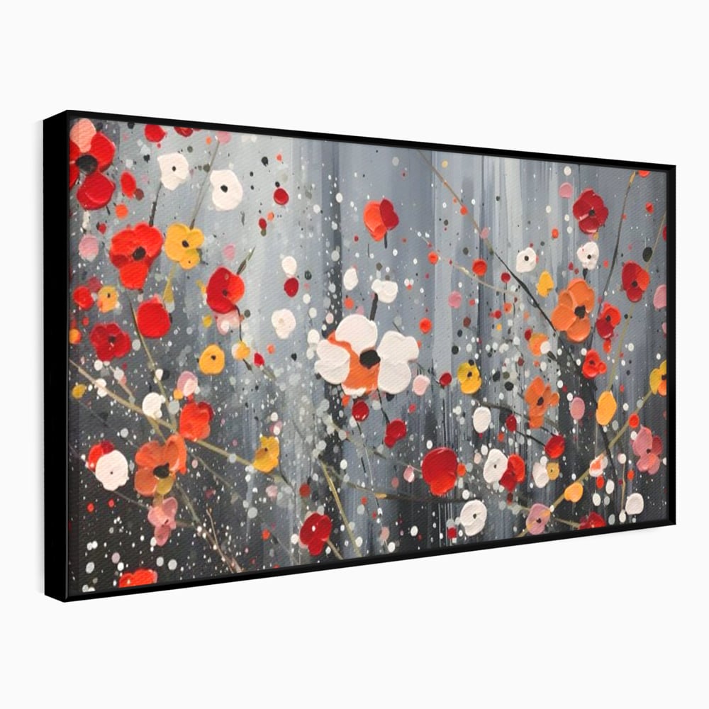 Tablou canvas cu pictura abstracta cu flori si stropi, in rama de aluminiu negru